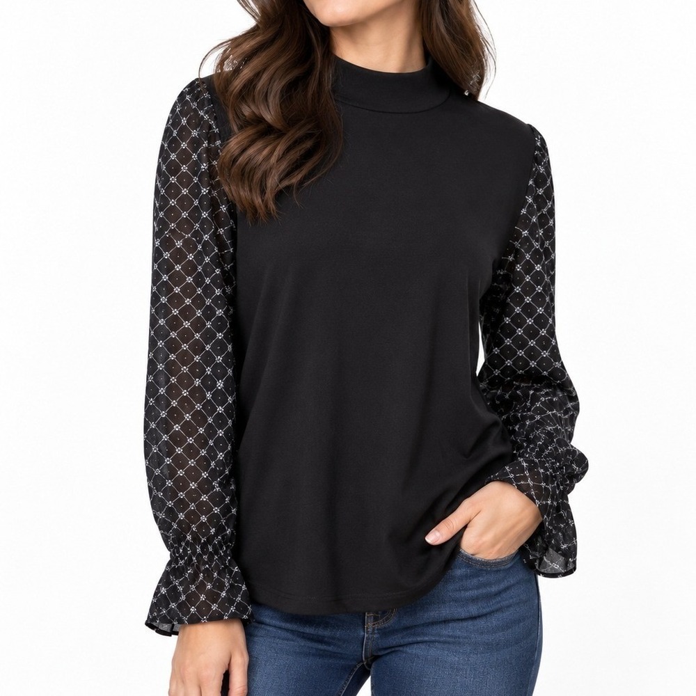 Women's Black Blouse Size M Mock Neck Sheer Dot Sleeves Ruffle Cuffs work